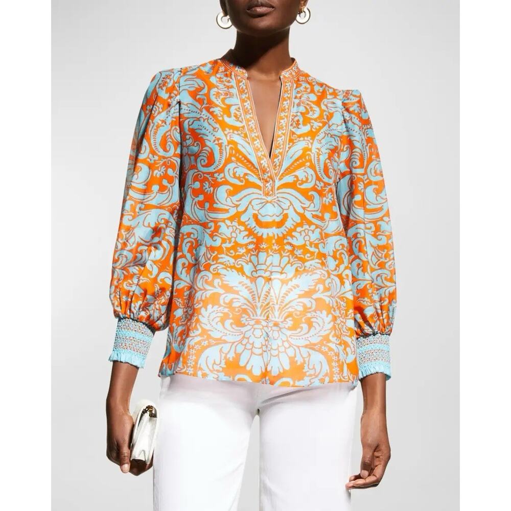 Alice & Olivia Sheila Long Sleeve printed Voile Blouse Orange blue Xs silk Blend